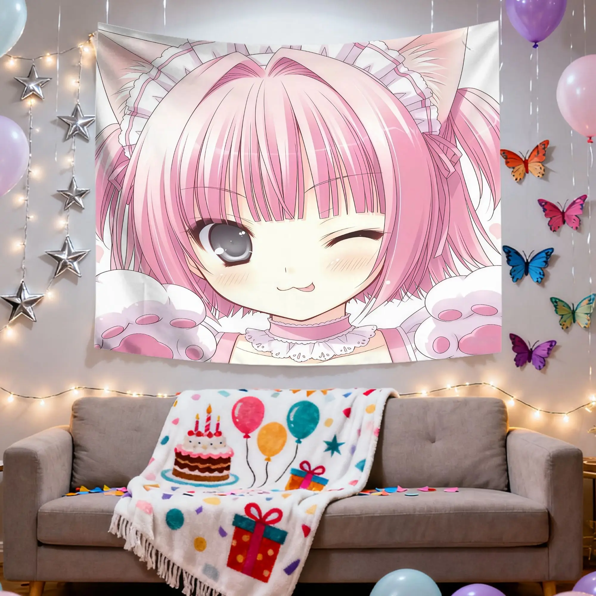 1pc Kawaii Pink Cat Ear Maid Girl Anime Tapestry Cute Neko Wall Hanging Aesthetic Room Decor Pink Room Decor Girls Dorm Bedroom