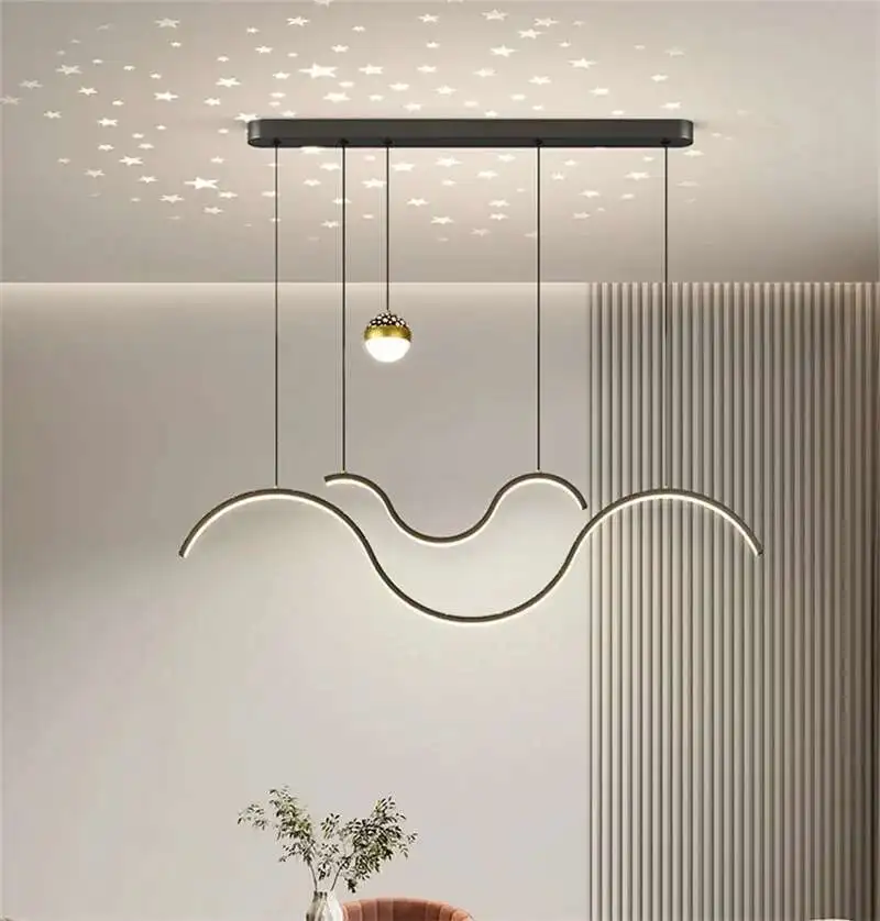 Modern LED Starry Sky Pendant Lamp Is Used For Living Room Dining Table Room Kitchen Bar Black Adjustable Line Remote Control