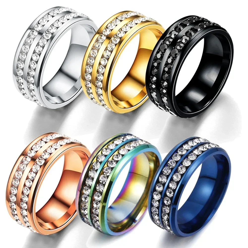 Trendy 8mm Double Row Black Rhinestone Ring For Men Women Fashion Rainbow Stainless Steel Ring Weddig Band Jewelry Drop Shipping