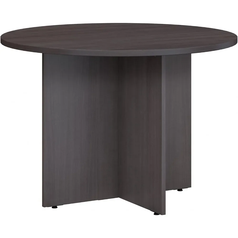 round Conference Table with Wood Base in Storm Gray, Circular Meeting Room Desk for 4 Users