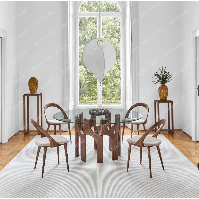 Minimalist black walnut multi-person round table large flat-floor club creative glass dining table