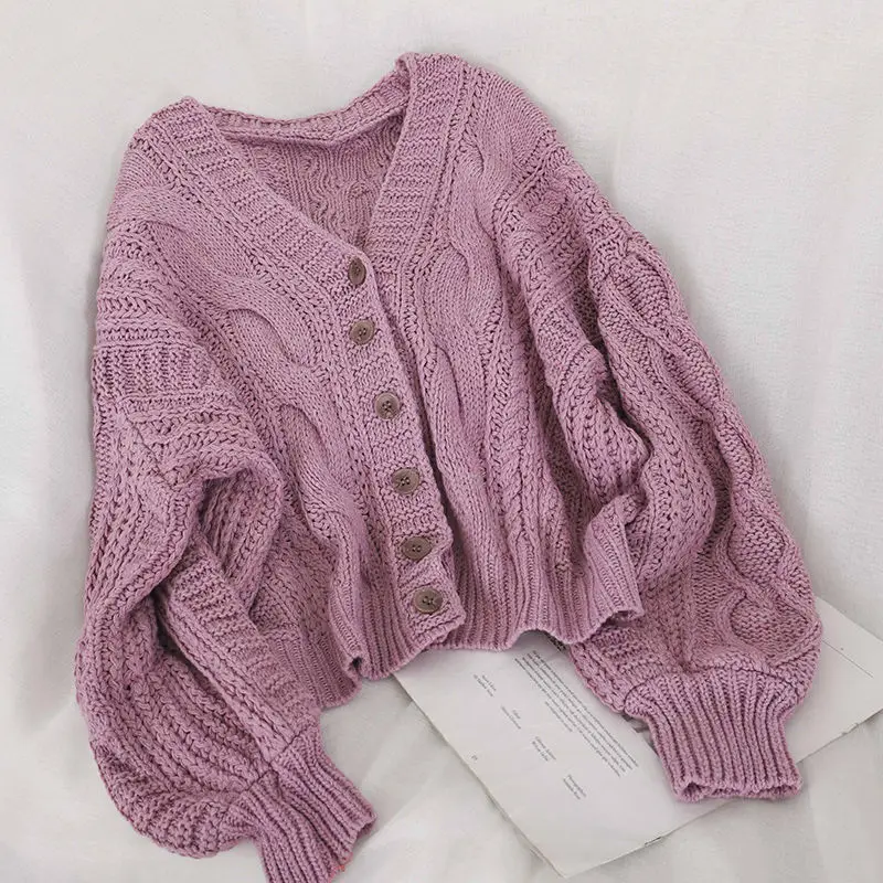 Short Cardigan Sweater Women Ins Retro Loose V-neck Button Knitted Cardigan Spring and Autumn French Lazy Style Solid Color Tops