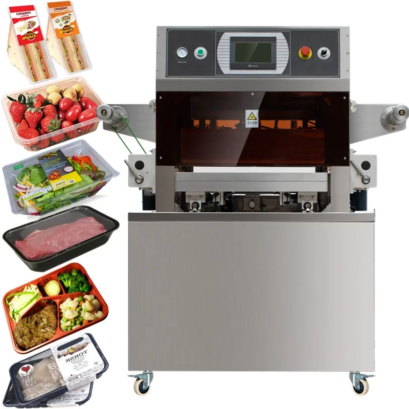 Máquina de envasado al vacío de sándwich de atmósfera modificada semiautomática para carne, pescado, comida preparada, almuerzo, bandeja de pescado, sellador G como