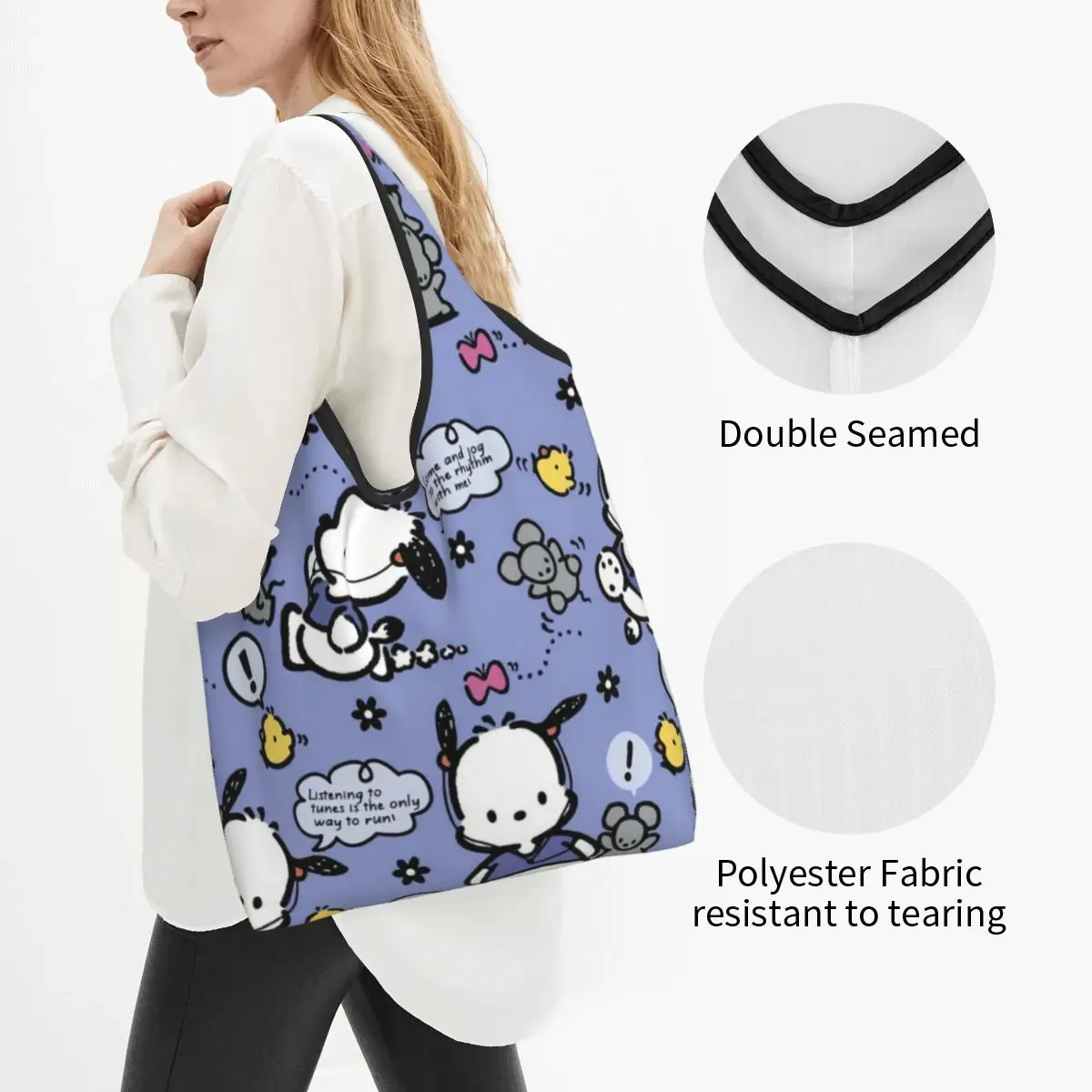 Custom Recycling Pochacco Sanrio Cartoon Shopping Bag Women Tote Bag Portable Groceries Shopper Bags