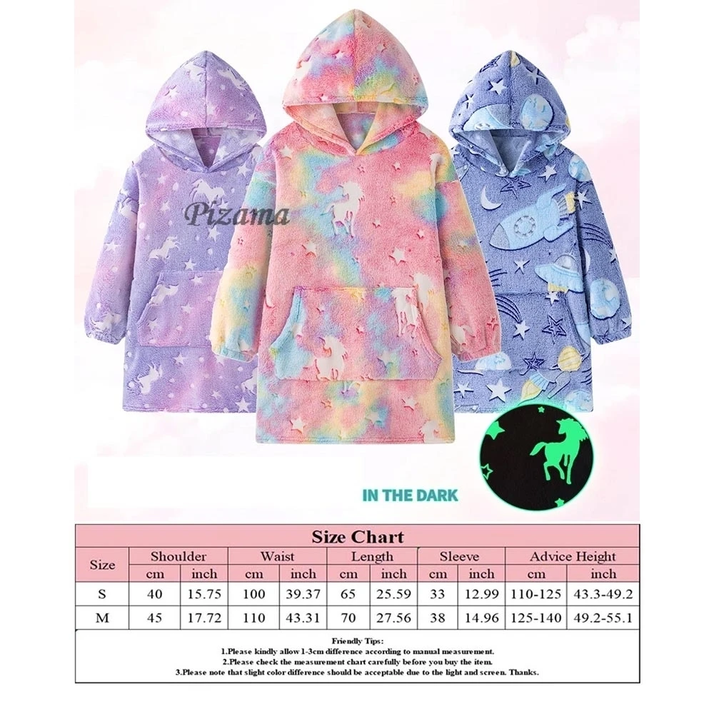 Flannel Winter Warm Hoodie Girls Purple Unicorn Kigurumi Glow in Dark Sweatshirts Kids Jackets Outwear Girl Christmas Clothes