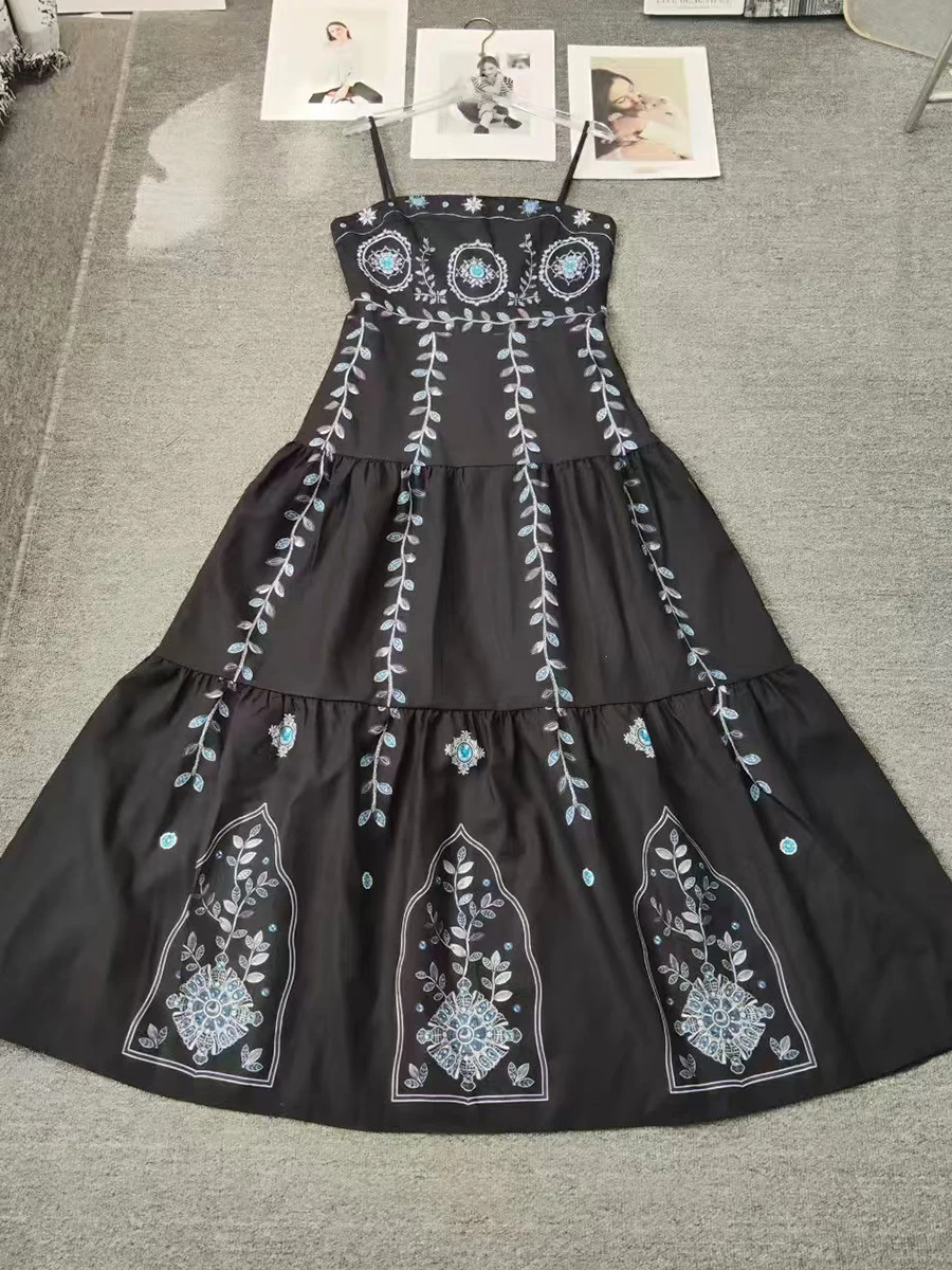 VGH Afternoon Tea Black Floral Embroidered Sundresses for Women Square Collar Sleeveless Tiered Maxi Skirt for Romantic Dates view 5