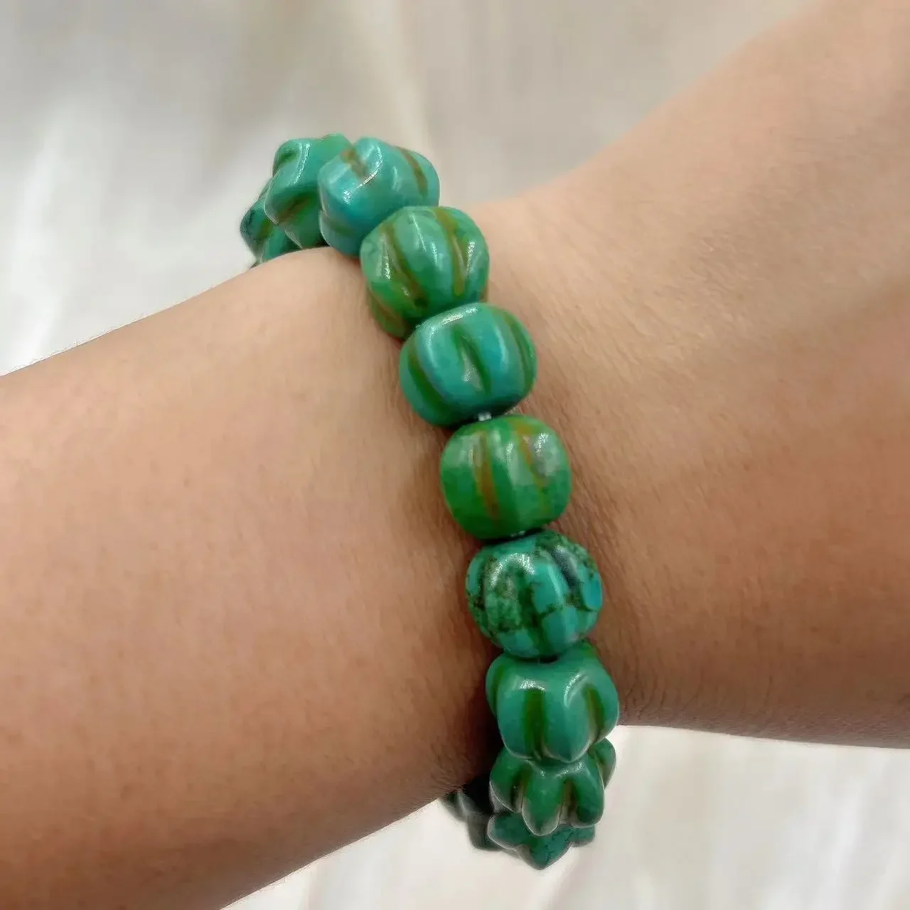 10-12 MM Vntage Echte Natuurlijke Pompoen Turquoise Steen Armband Charm Mannen Strand Vrouwen Yoga Elastische Armbanden 7-9 inch