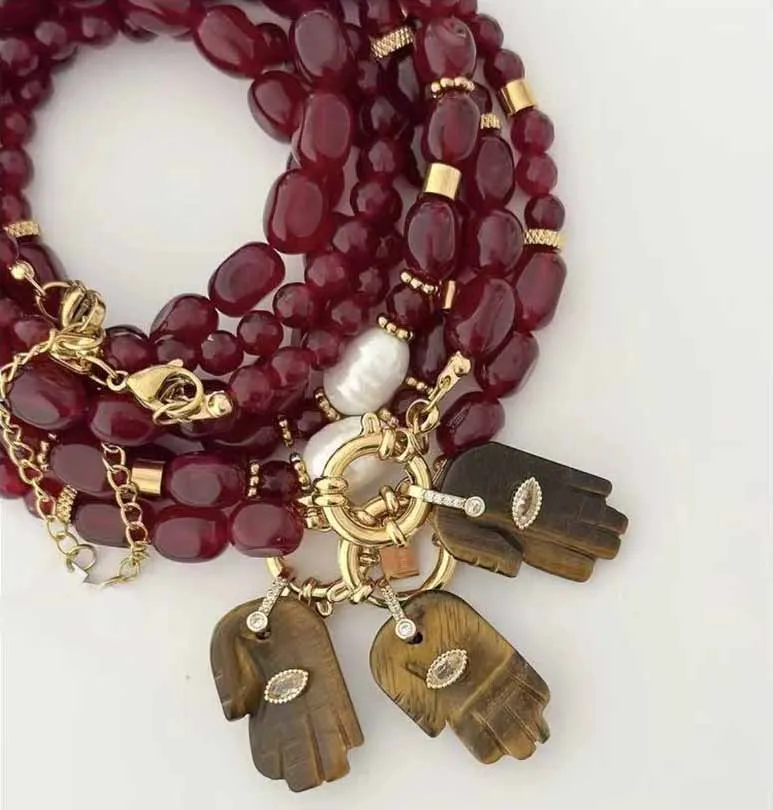 Fashion red Natural Stone bead necklace titanium steel Large natural tiger-shaped stone Buddha hand suitable for travel birthday