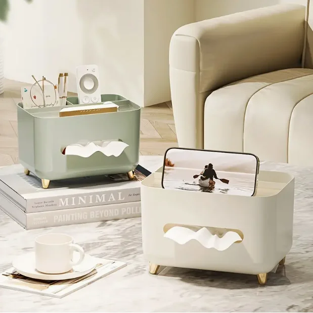 

Desk Clutter Organizer – Multifunctional Office Storage Tray with Tissue Box & Remote Holder – Plastic Multi-Compartment Des