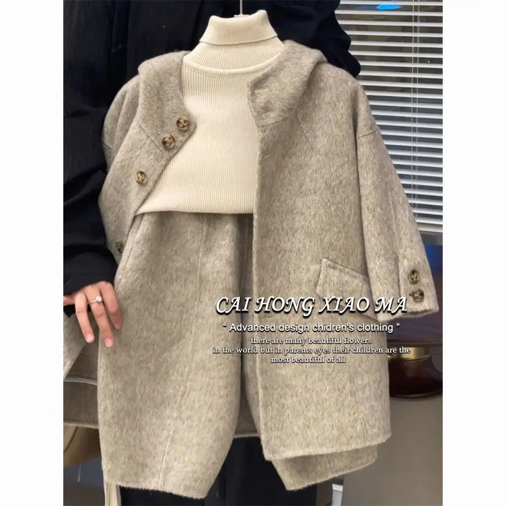 Korean Children's Clothing 2026 Autumn and Winter Boys' and Girls' Woolen Suit, Children's Hooded Woolen Long Coat+carrot Pants