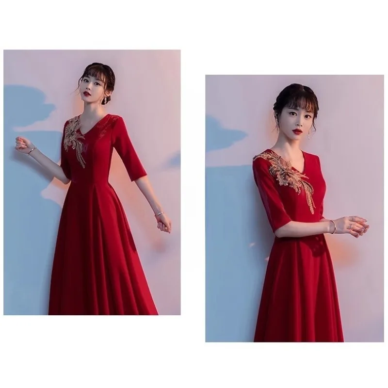 

Wine Red Evening Dress V-neck Half Sleeve Embroidered Sequined Zipper Back A-line Skirt Formal Women Elegant Wedding Dresses