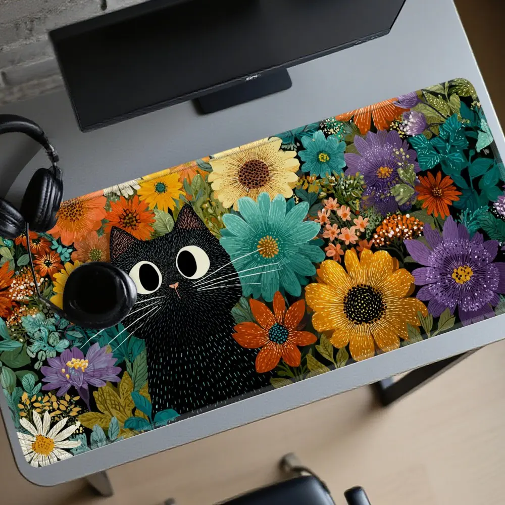

Коврик для мыши Black Cat in Floral Garden, удлиненный, для игр и работы, резиновый, нескользящий, для ПК, ноутбука, рабочей станции
