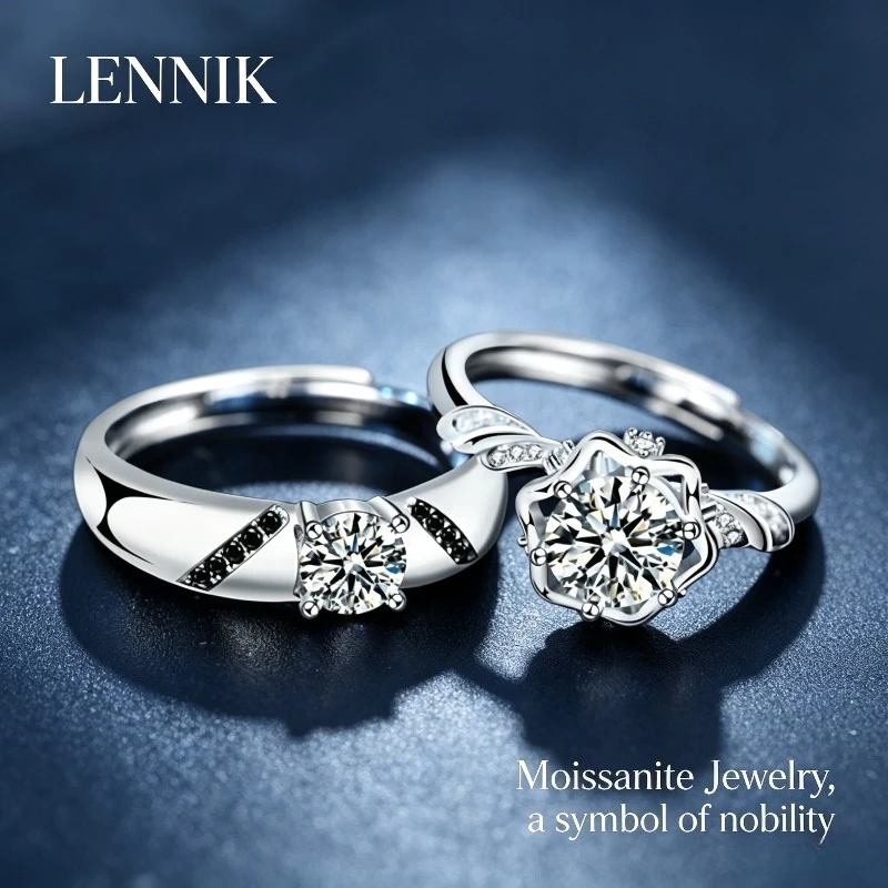 

LENNIK S925 Sterling Silver Moissanite Couple Rings Adjustable Open Band Wedding Suit Matching Fashion Jewelry for Lovers