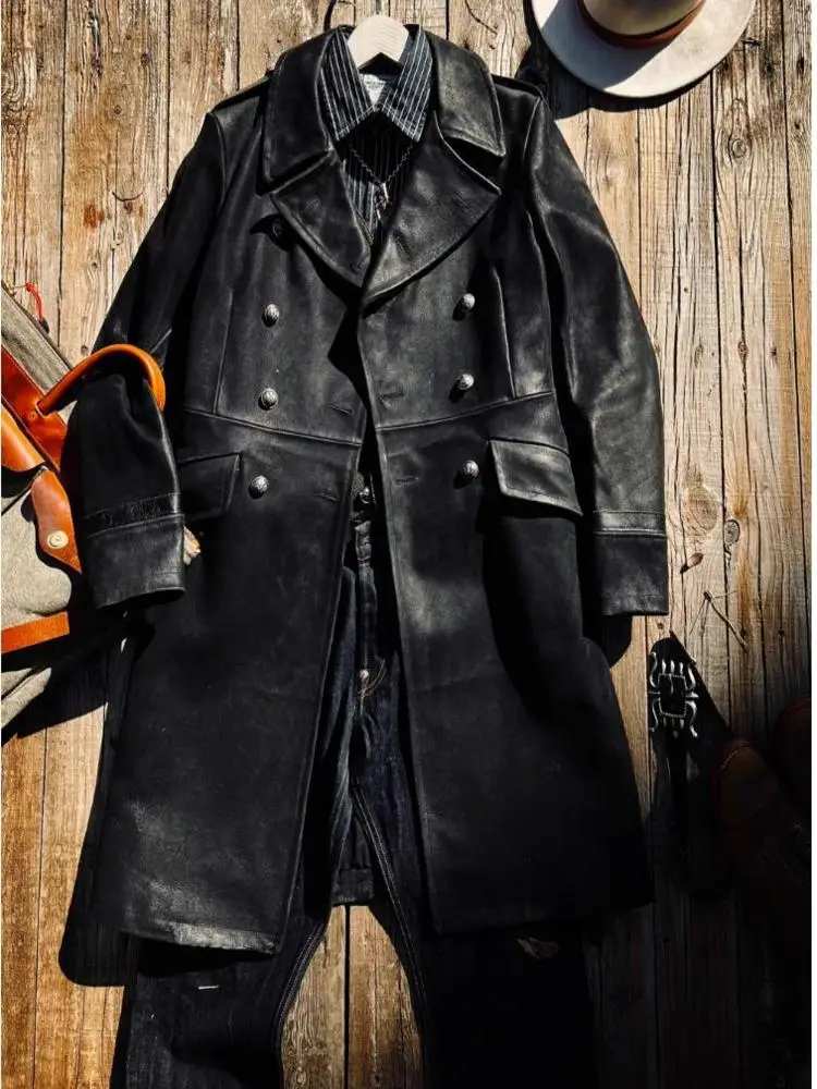 

YR!Free shipping.Heavy Italian calfskin Luxury Classic military leather coat.Brand Cidu quality long real jacket.Cool