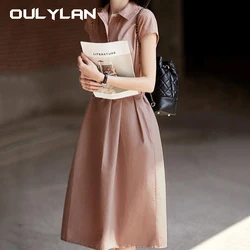 Office Ladies Temperament Solid Dresses 2024 Summer Turn Down Collar High Waist Sashes Dresses Women Vestidos