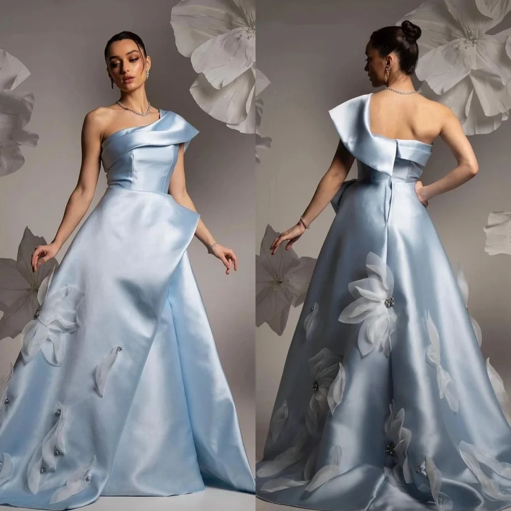 Satin Flower Beading Ruched Cocktail Party A-line One-shoulder Bespoke Occasion Gown Long Dresses