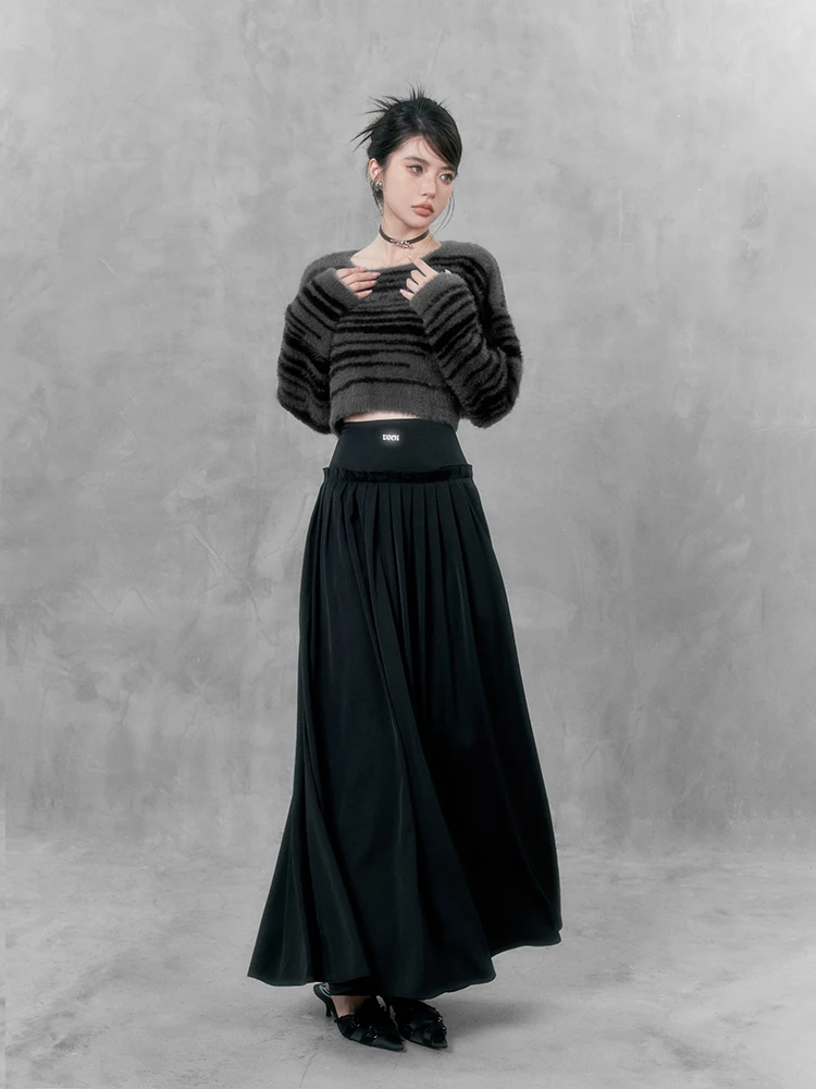 

VO Vintage Millionaire High Waist Bla Long Umbrella Skirt Autumn Winter Slimming Street Sle Midi Skirt for Women