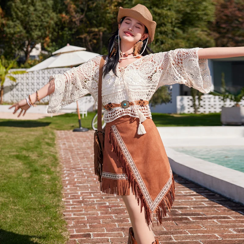 

Ретро-этническая юбка с бахромой, асимметричная замшевая юбка с вышивкой, короткая юбка, комплект для защиты от солнца, женская мода Весна 2025