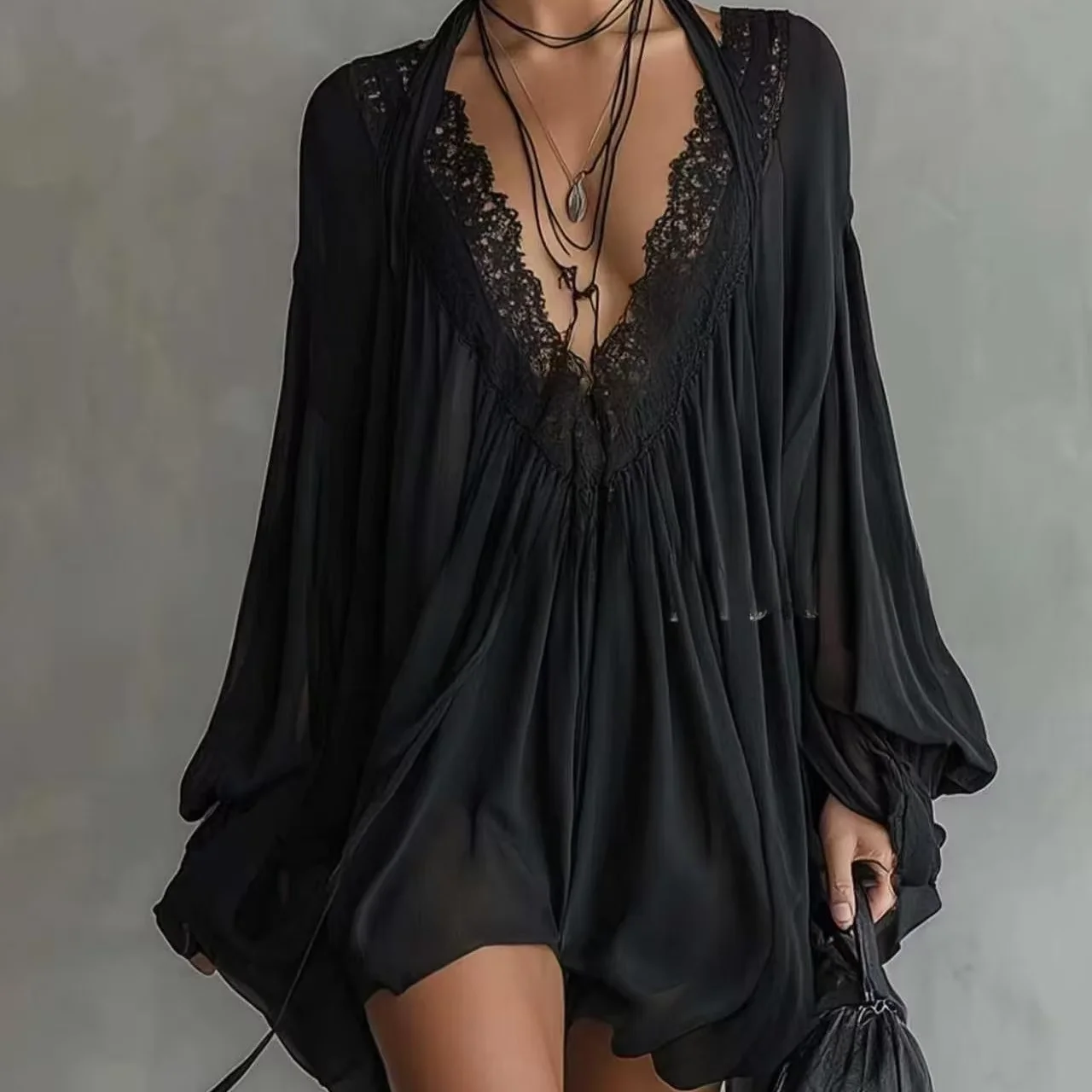 Women's Black Lace Trim Sexy Deep V-Neck Halter Mini Dress 2026 Summer Loose Long Flare Sleeve Chiffon Boho Beach Cover Up