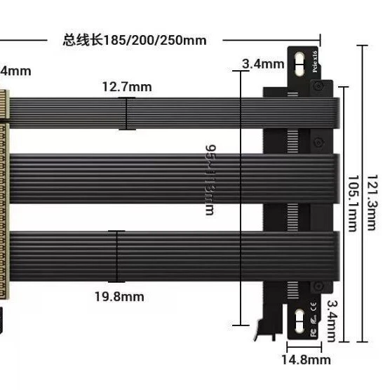 PCIE 5.0 X16 Graphics Card 180° Double Reverse ITX Extension Cable GPU Riser Extender- ITX Mini Chassis JGINYUE MAXSUN 18.5/20CM