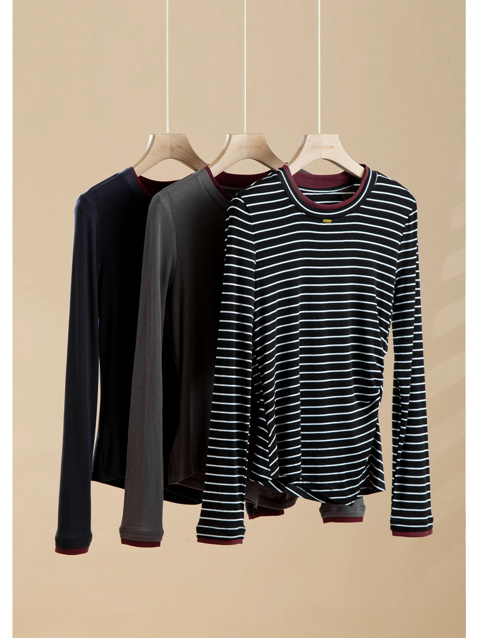 

Zhaodaxi Harbour Base irt, тонкий топ из смесовой шерсти с цветовыми блоками, для повседневной носки, с круглым вырезом, с длинными рукавами, зимняя футболка