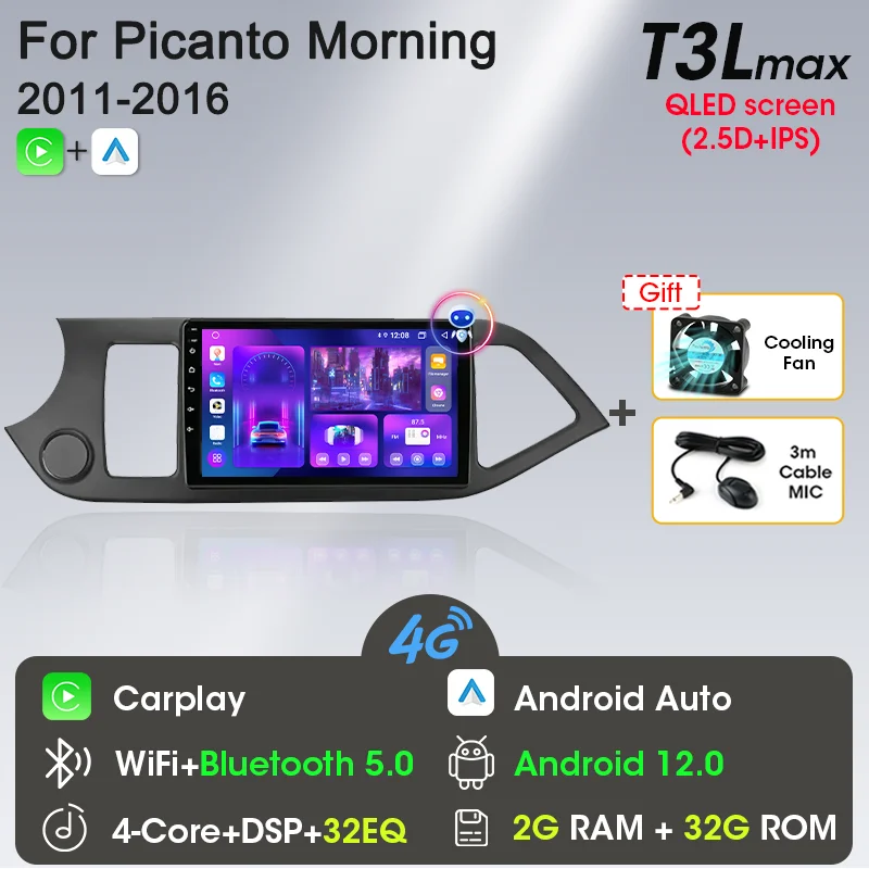 2 Din Android 12 Autoradio Carplay voor KIA PICANTO Ochtend 2 2011 2012 2013 2014 2015 2016 Multimedia Speler navigatie DVD Hoofd
