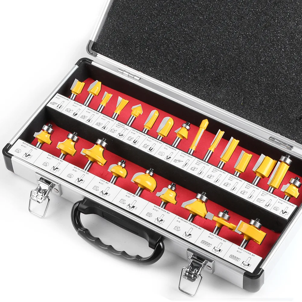 

24Pcs 1/4" Shank Woodworking Router Bit Set Engraving Machine Cutter Round Corner Slotting Edge Milling Head Woodworking Tools