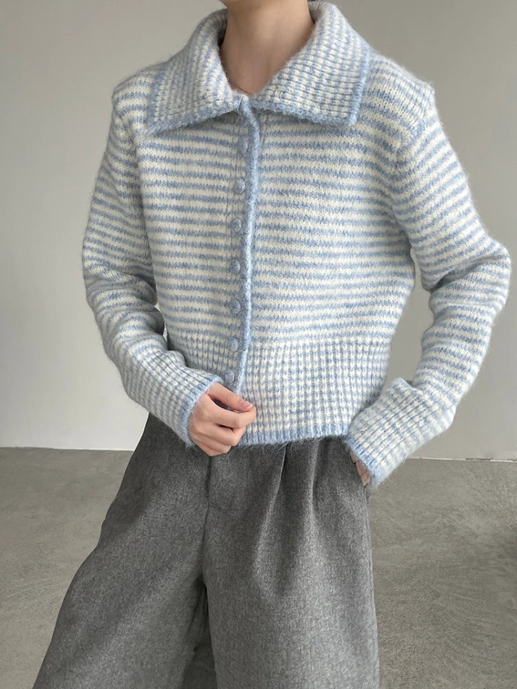 

Korean Style Color Block Striped Big Collar Knit Cardigan Women Autumn Winter Lazy Sweater Coat