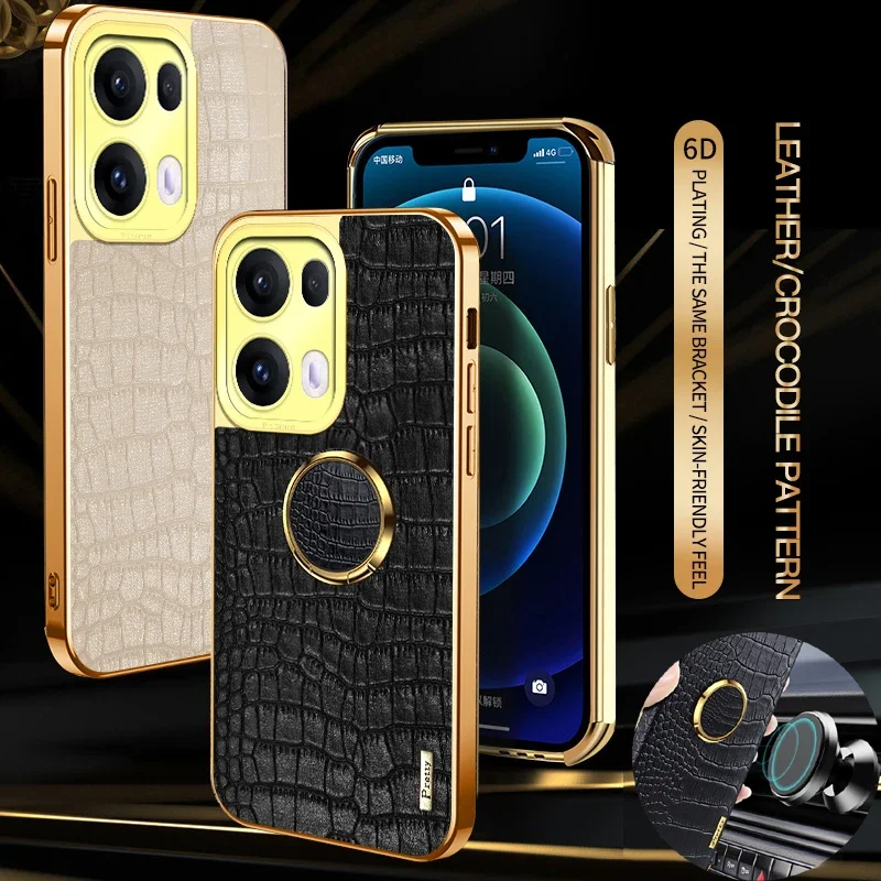 Magnetic Holder Stand Cover Phone Case For OPPO Reno 11A 12 FS 13 10 Pro Plus 5G Silicone Soft Crocodile Texture PU Leather Case