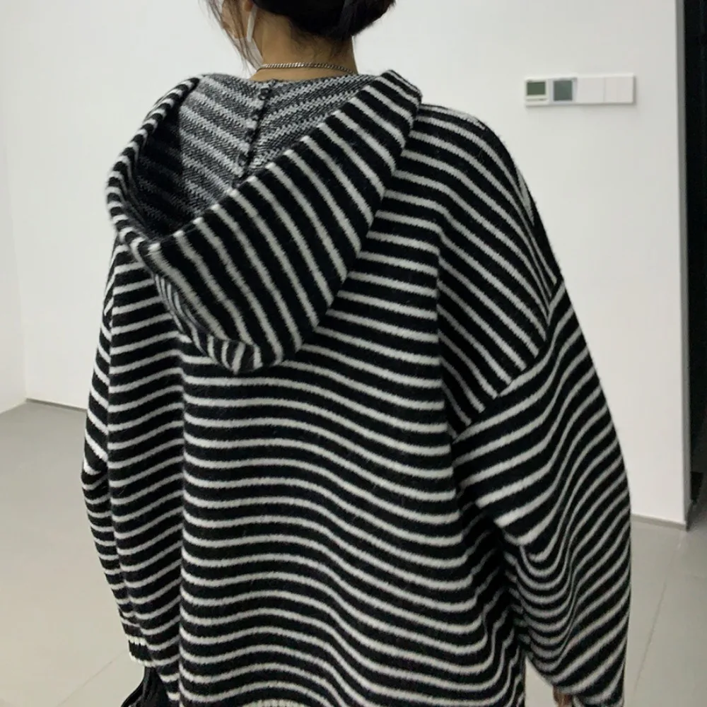 Women Hoodies Retro All-match Classical Striped Zipper Long Sleeve Spring Autumn Korean Style Knitted Loose Outwear Comfortable