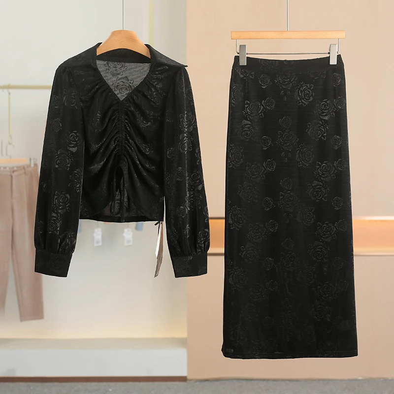 

Spring New Arrival Women's Fashion Set with Rose Print Velvet Skirt And Drawstring Collar Top by XKING Elegant Office Wear