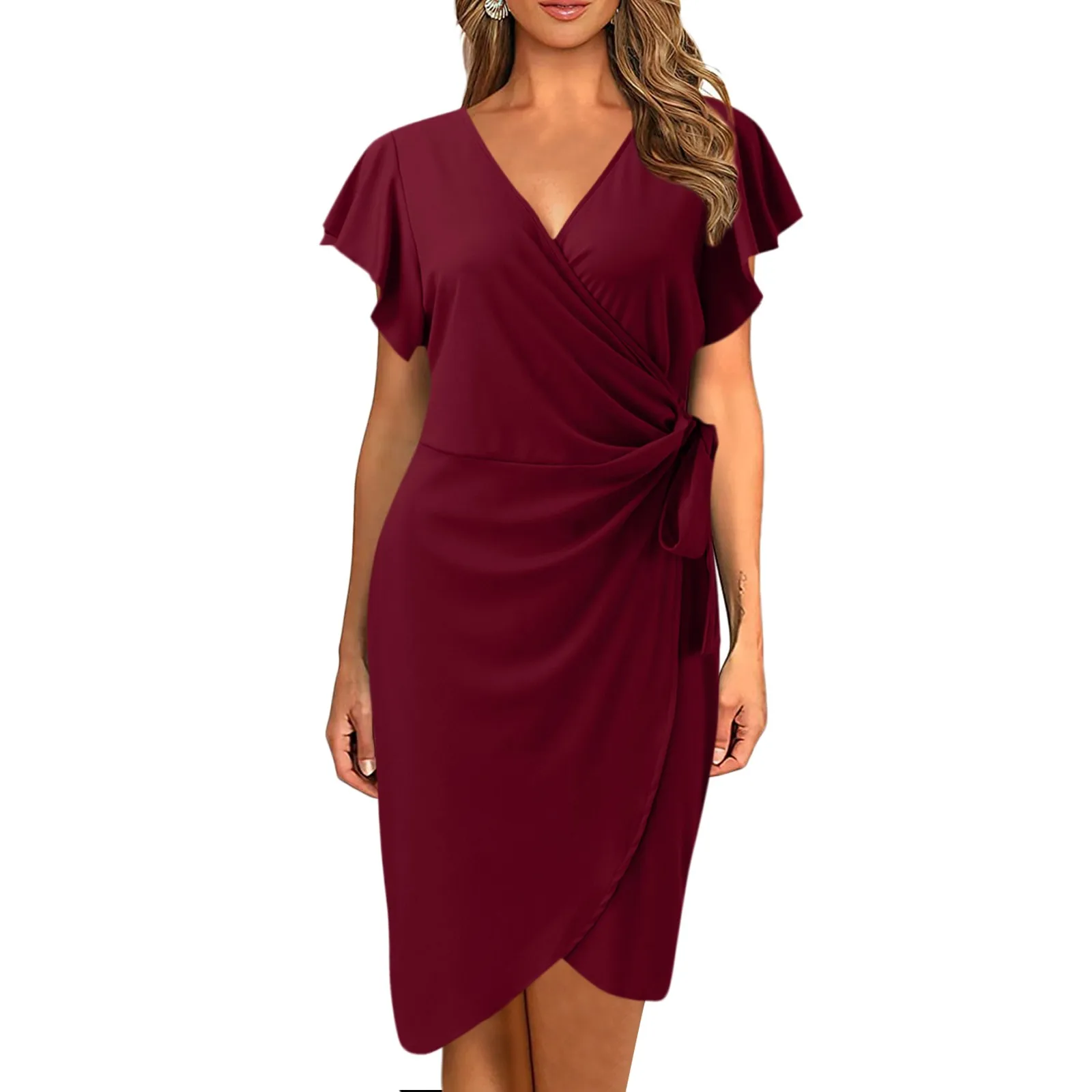 Womens Deep V Neck Ruffle Sleeve Women'S Dress Casual Work Faux Female Elegant Formal Dresses Cocktail Party Evening Vestidos