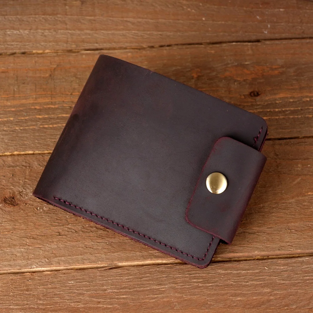 Crazy Horse Leather Wallet with Coin Pocket Vintage Top Grain Cowhide Short Purse Slim Card Holder Snap Button Wallet
