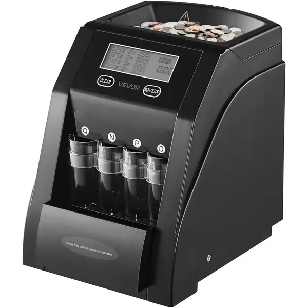 USD Coin Sorter with LCD Screen Display Holds up to 200 Coins 4 Coin Tubes