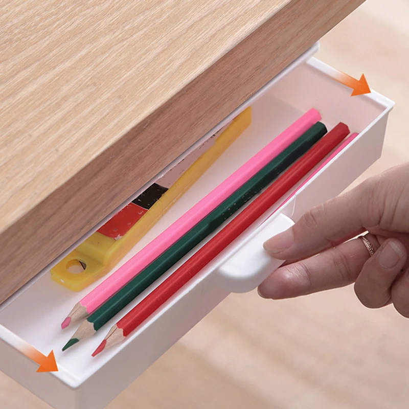 Self-Adhesive Under Desk Drawer Hidden Storage Box Makeup Organizer Self Stick School Stationery Case Pencil Tray Pen Holder