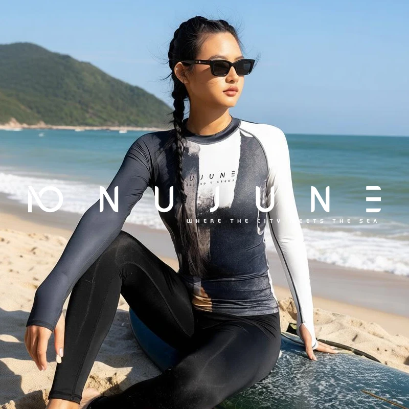 Nu-June Women Surf Swimsuit Rash Guard Long Sleeves Shirts Sun Protection Wetsuit Female Slim Quick Dry Bathing Suit Diving Wear
