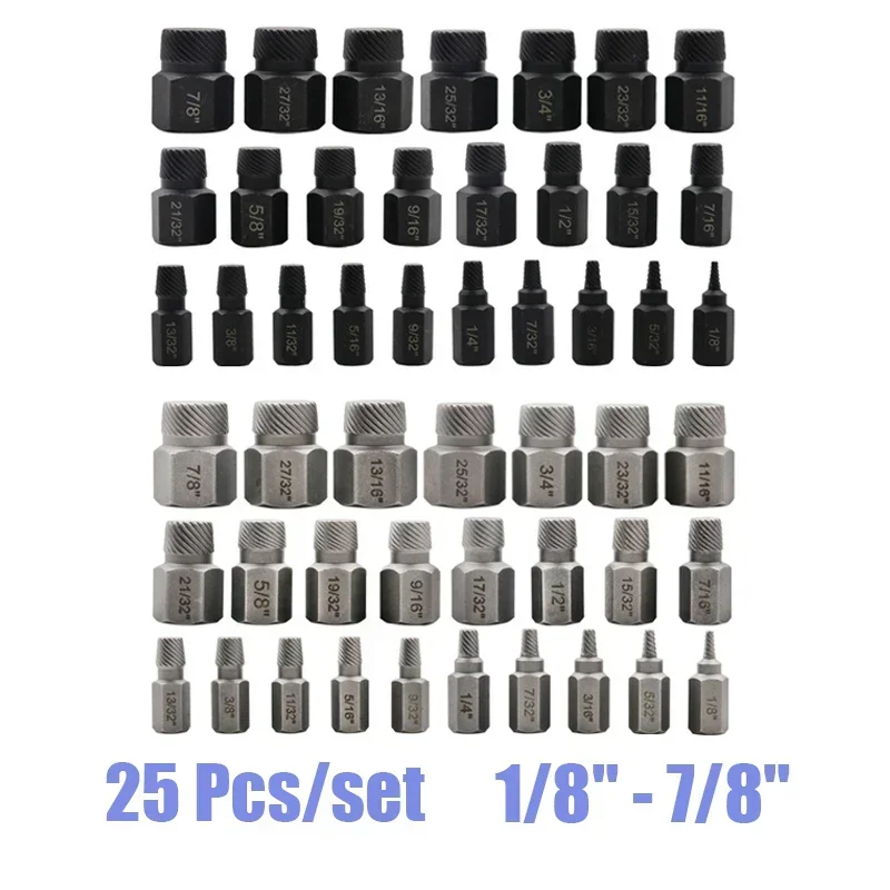 25Pcs Screw Extractor Set Hex Head Multi-Spline Bolt Extractor Thread Broken Bolt Removal Tool for Cars and Construction Sites