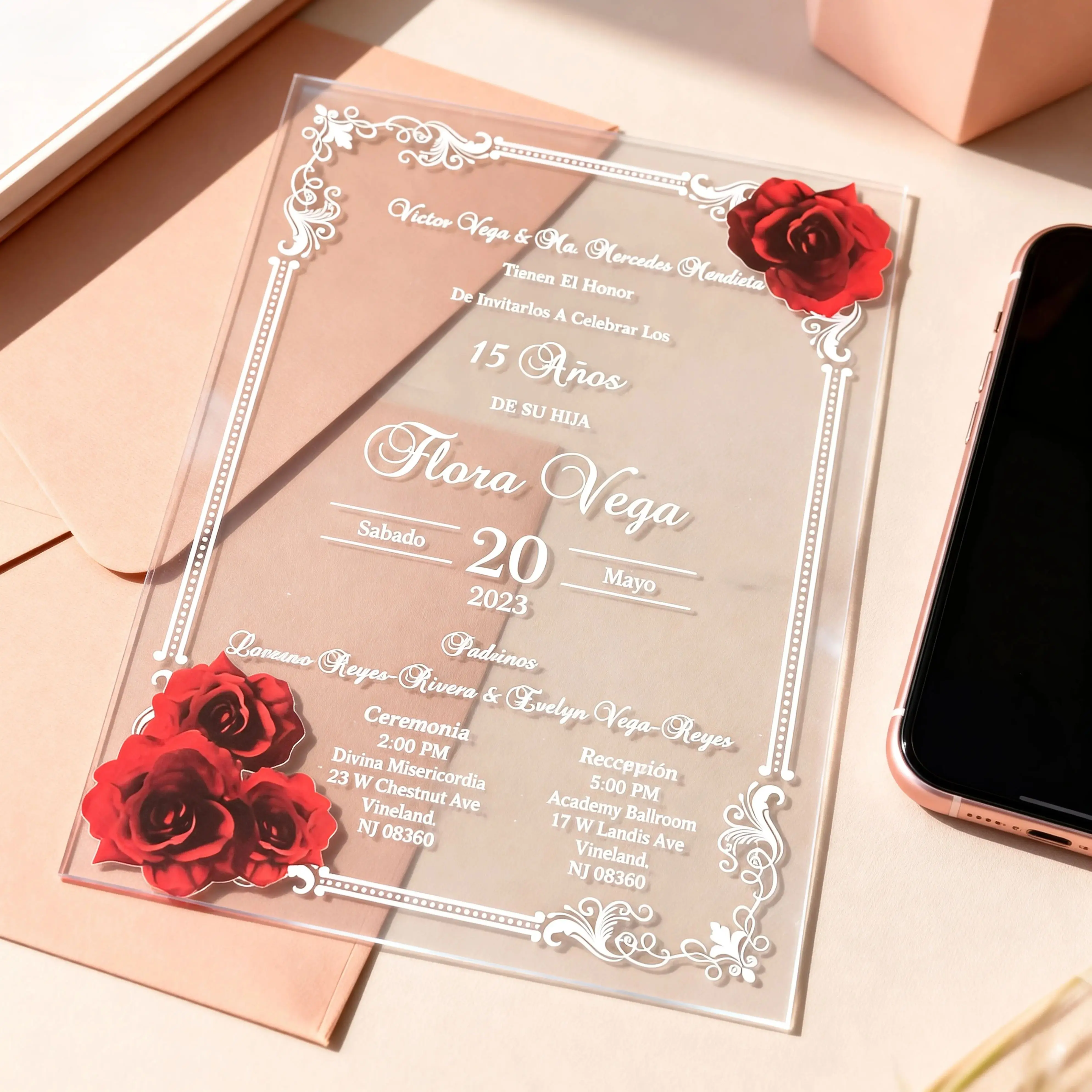 10 Invitaciones de Boda Acrílicas Personalizadas con Rosas Rojas, Tarjetas de Invitación Transparentes para Quinceañera, PVC Suave y Elegante, Regalo para Fiesta de Quince Años
