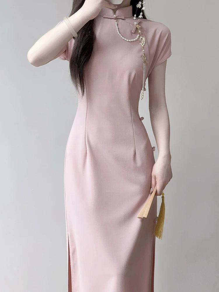 

Новое летнее длинное ципао Ting Yue Ling 2026 года в современном китайском стиле Dr Pink Elely Simple для повседневной носки