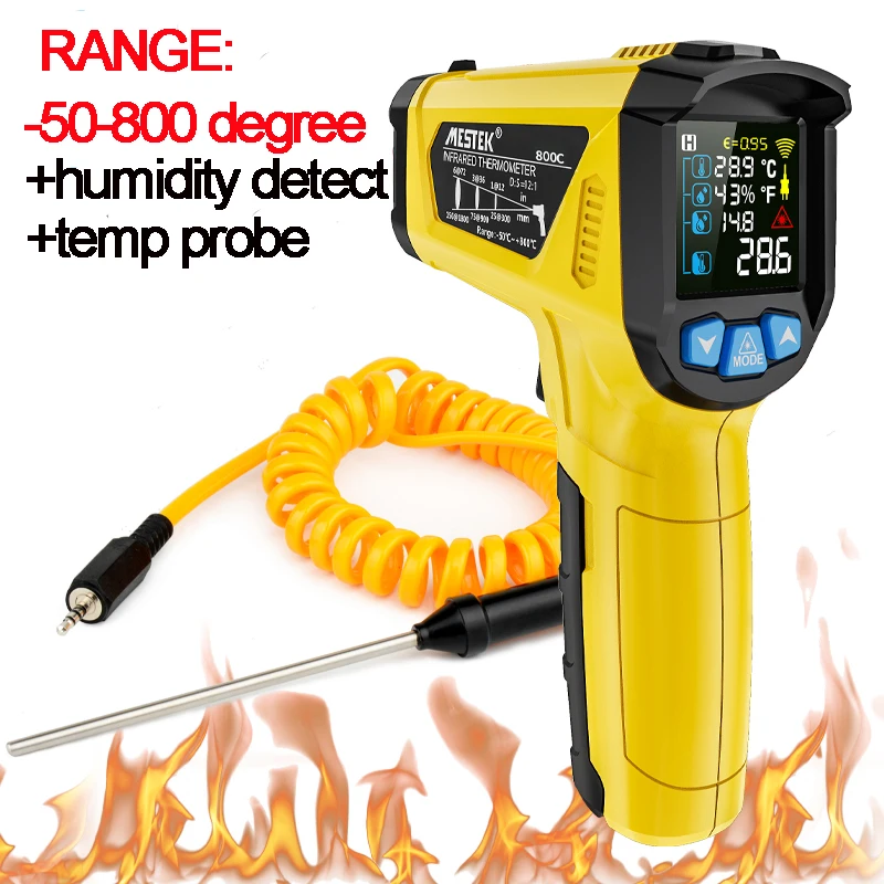 Mestek Digital Infrared Thermometer 800C -50~800℃ Laser termometro Pyrometer Gun Non-Contact Laser Temperature Meter gauge Tools