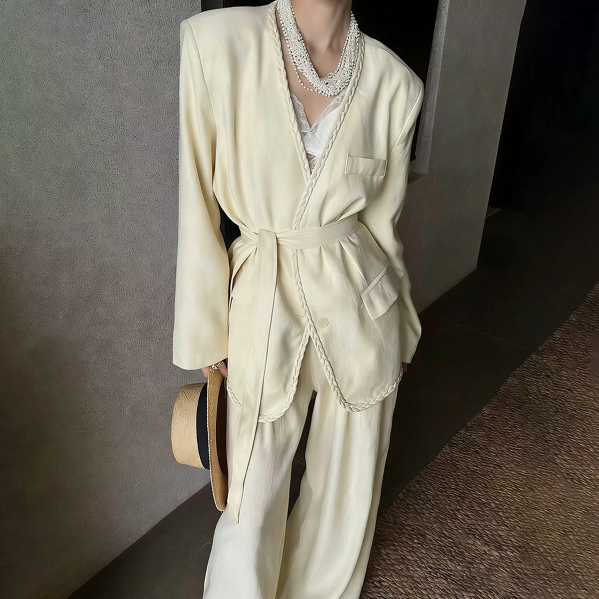 

2026 Spring Summer Women Office Two Piece Set Tie Waist Blazer Jacket Loose Wide Leg Pants Elegant Work Wear Outfits