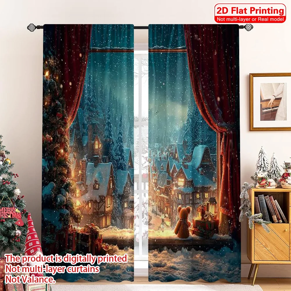 

2pcs 2D flat printing Merry Christmas Popular Curtains winter scene Versatile Fabric Without Electricity Holiday Decorations Use