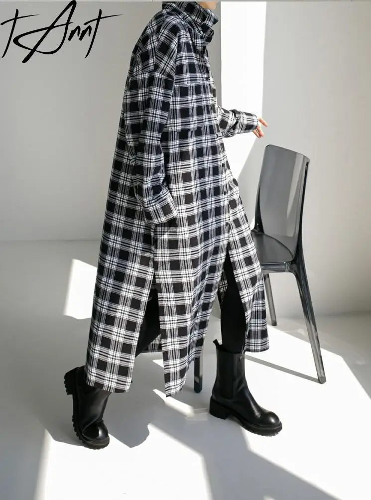 Tannt Vrouwen Lange Geruite Shirt Losse Herfst Winter Lange Mouw Leisure Alle Match Shirt Jurk Blouse Vrouwelijke Top 2025