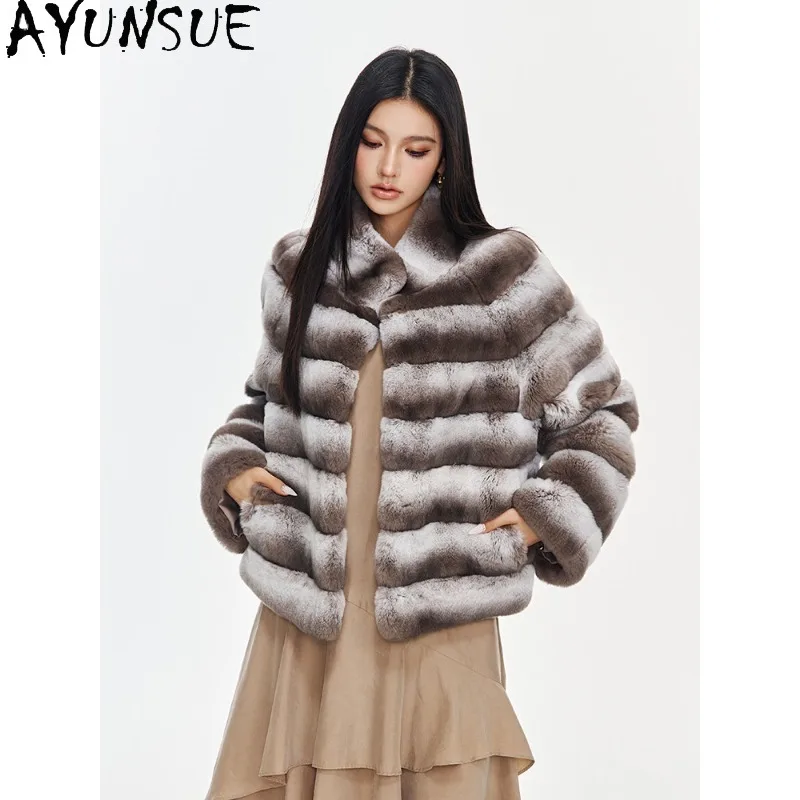

AYUNSUE Rex Rabbit Fur Coat Woman Luxury Winter Fur Jacket Short Outerwears Warm Long Sleeve Tops Stylish Woman Clothes Fourrure