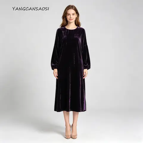 2026 Women's Fashion Autumn/Winter New 30% Natural Mulberry Silk Velvet Round Neck Long Sleeve Side Split Purple Dress