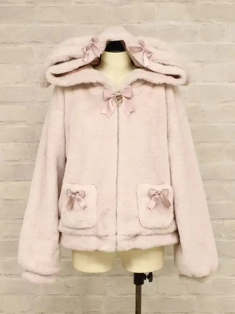 

Japanese Lovely Fluffy Hoody Women Clothing Warm Thicked Rabbit Ear All-match Coat Short Bow Minority Hip Hop Casual Outwears