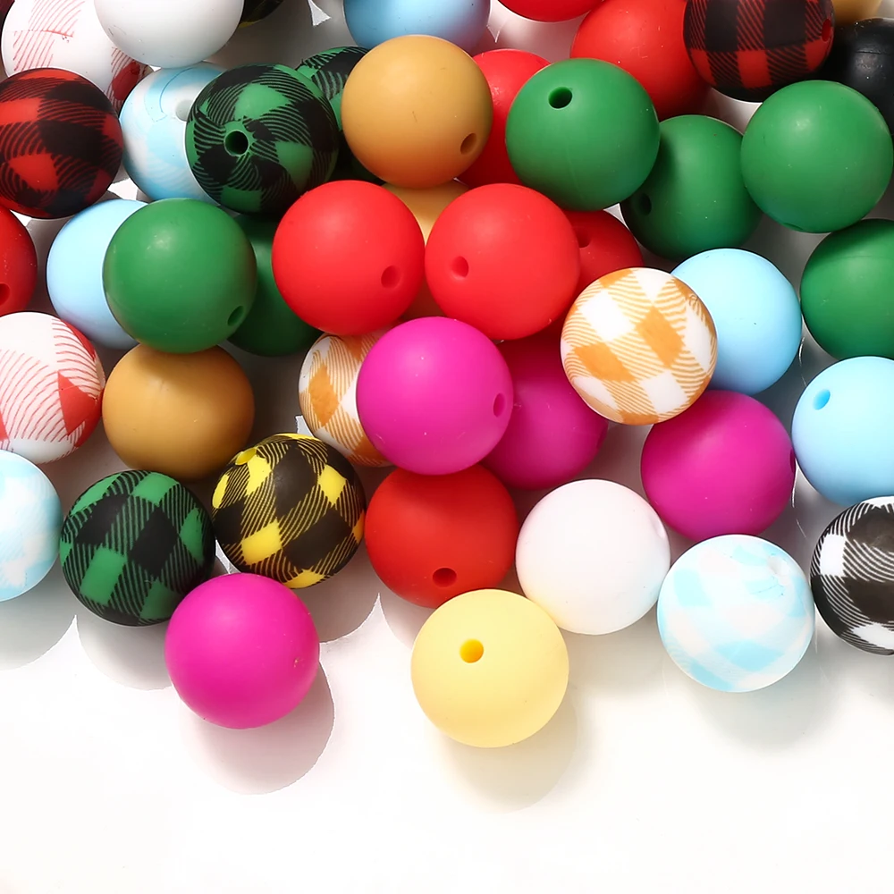 10Pcs 15mm New Round Checkered printing Silicone Beads Print Focal Beads DIY Necklace Bracelet For Jewelry Making Handmade