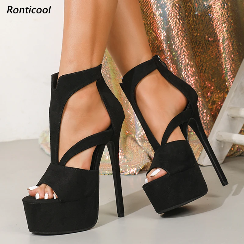 

Ronticool Handmade Women's Black Suede Platform Sandals - Strappy High Heel Shoes with Cut-Out Design Ladies US Plus Size 5-20