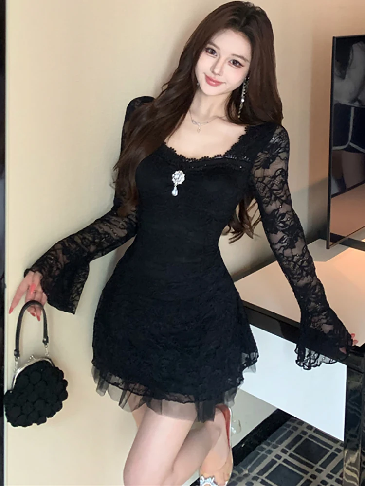 

Весенне-осеннее черное кружевное платье с длинными рукавами, квадратным воротником и стразами, элегантное повседневное платье для женщин, корейское облегающее праздничное платье 2026 года