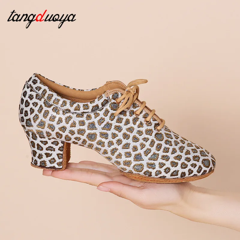 Chaussures de danse latine léopard pour femmes, baskets de danse à talons de 5cm, jazz, tango, salsa, salle de Rhmoderne, chaussures de professeur